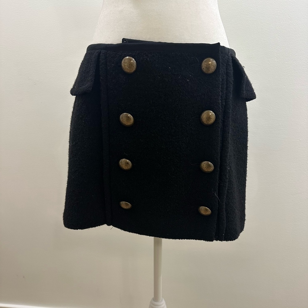 Nanette Lepore mini wool skirt in black with gold buttons size 6